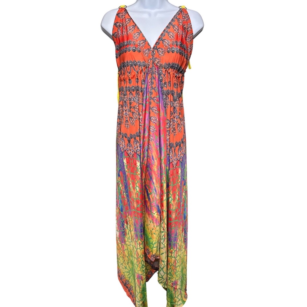 CELINA Orange Multicolor Handkerchief Embellished Maxi Dress OS Boho Resortwear